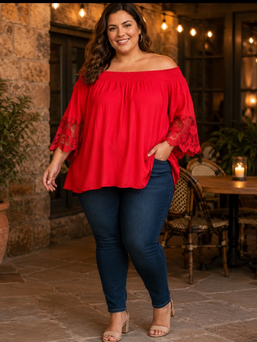 Lane Bryant 26/28 Red Off Shoulder Crochet Lace Bell Sleeve Blouse